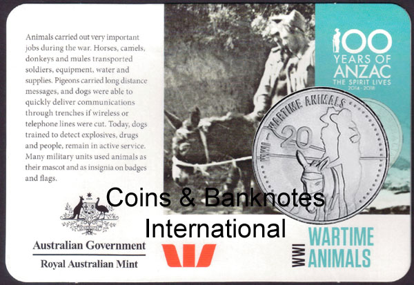 2015 Australia 20 Cents (ANZACS Remembered-Wartime Animals)